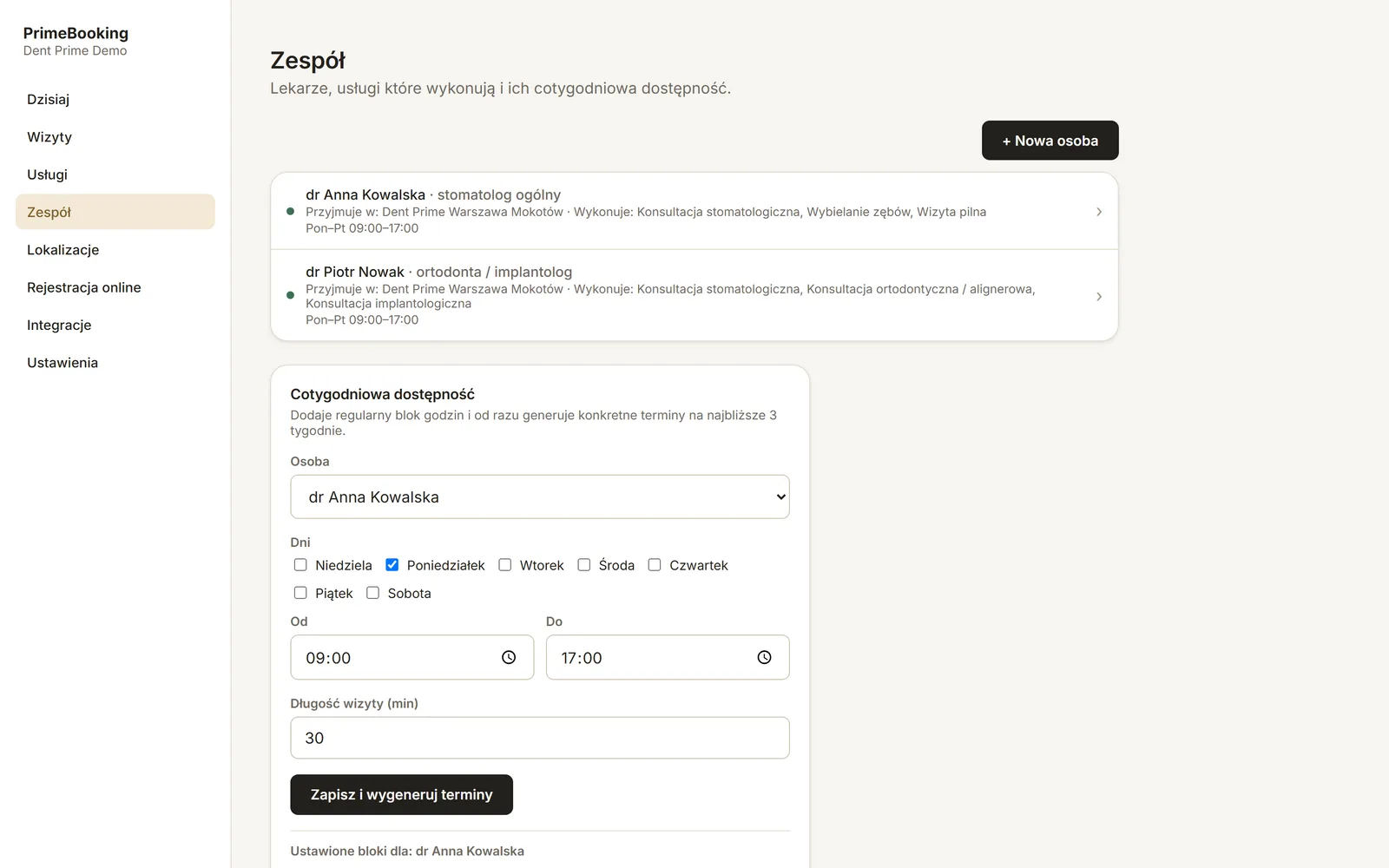 Panel PrimeBooking: zespół lekarzy z usługami i tygodniowym grafikiem dostępności