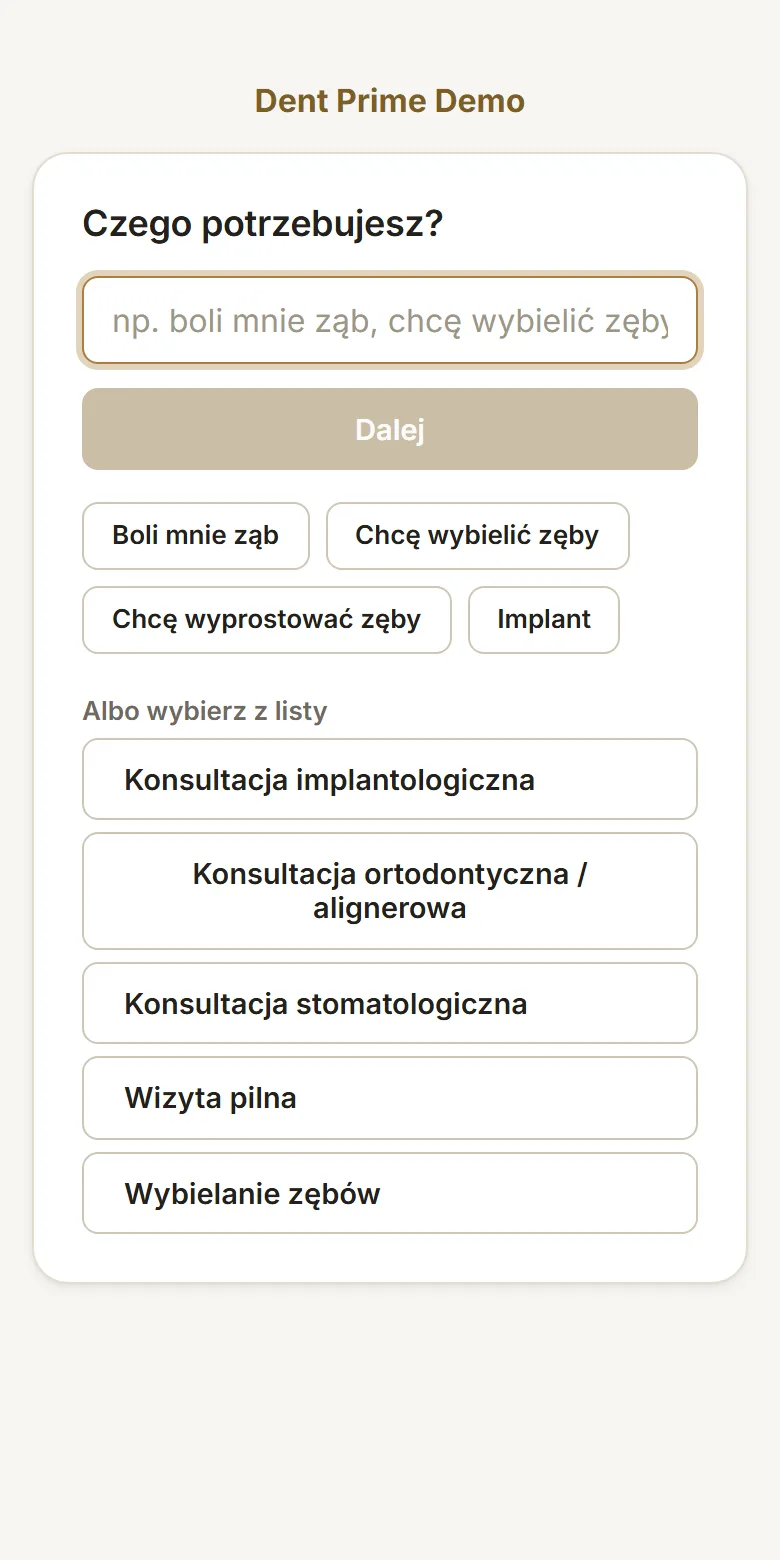 Widżet rezerwacji PrimeBooking na telefonie. Krok 1: pacjent opisuje potrzebę własnymi słowami albo wybiera z podpowiedzi